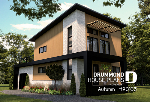 Right view - 2 to 4 bedroom ecological house plan, garage, second floor balcony, trendy reading area (hanging net) - Autumn