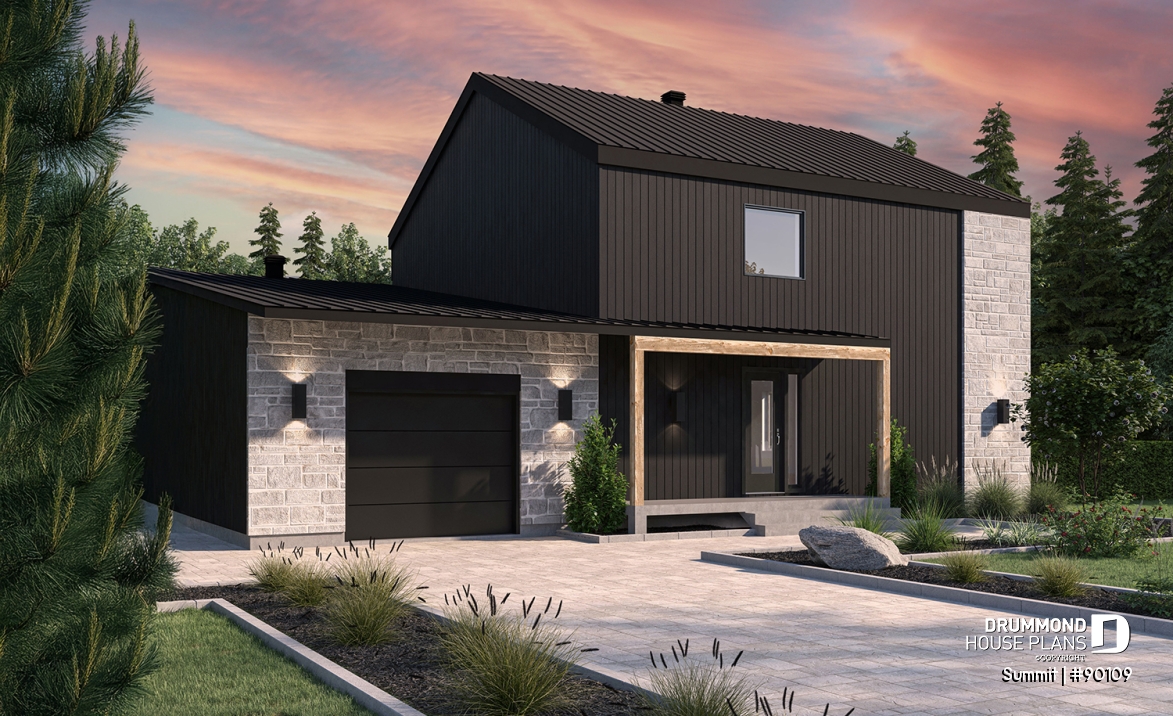 front - BASE MODEL - Modern eco-friendly house plan with a greehouse and a private master bedroom and home office on second floor - Summit