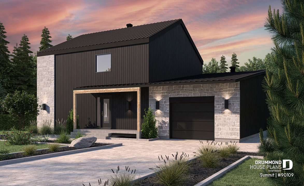 front - BASE MODEL - Modern eco-friendly house plan with a greehouse and a private master bedroom and home office on second floor - Summit