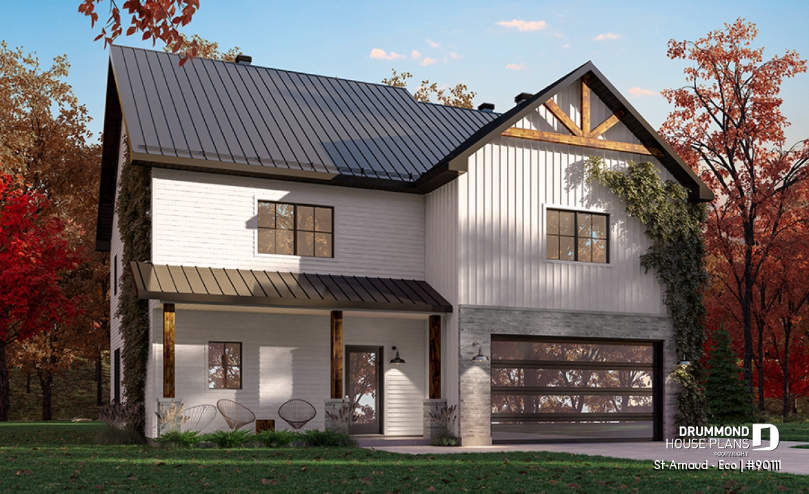 front - BASE MODEL - Eco-friendly Farmhouse style plan, 3 bedrooms, office, garage and nice sheltered terrace - St-Arnaud - Eco
