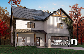 front - BASE MODEL - Eco-friendly Farmhouse style plan, 3 bedrooms, office, garage and nice sheltered terrace - St-Arnaud - Eco