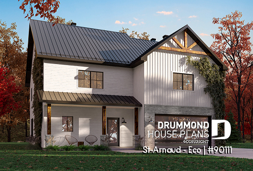 front - BASE MODEL - Eco-friendly Farmhouse style plan, 3 bedrooms, office, garage and nice sheltered terrace - St-Arnaud - Eco
