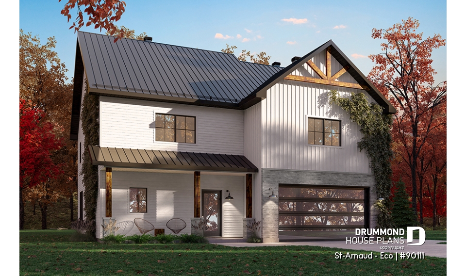 front - BASE MODEL - Eco-friendly Farmhouse style plan, 3 bedrooms, office, garage and nice sheltered terrace - St-Arnaud - Eco