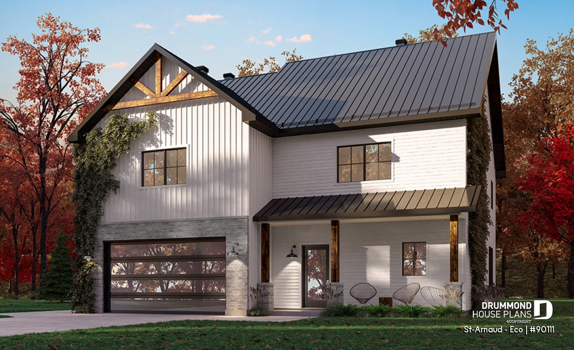 front - BASE MODEL - Eco-friendly Farmhouse style plan, 3 bedrooms, office, garage and nice sheltered terrace - St-Arnaud - Eco