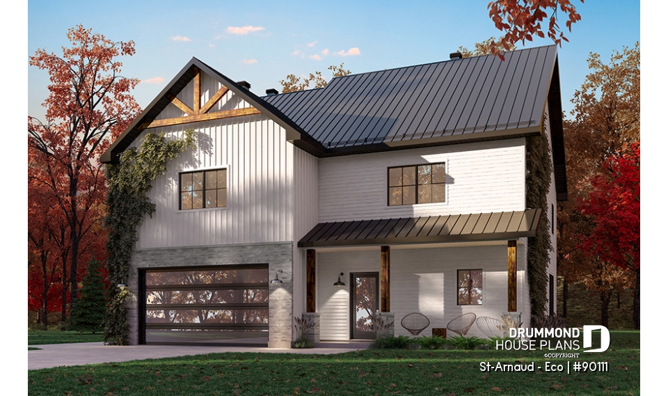 front - BASE MODEL - Eco-friendly Farmhouse style plan, 3 bedrooms, office, garage and nice sheltered terrace - St-Arnaud - Eco