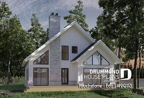 Rear view - BASE MODEL - Cottage house plan offering panoramic view, master bedroom on the ground floor and cathedral ceiling - Touchstone - Eco