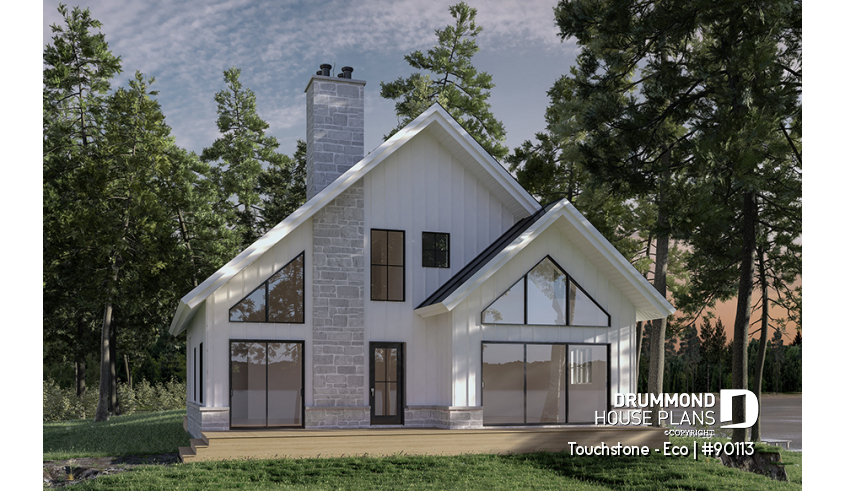 Rear view - BASE MODEL - Cottage house plan offering panoramic view, master bedroom on the ground floor and cathedral ceiling - Touchstone - Eco