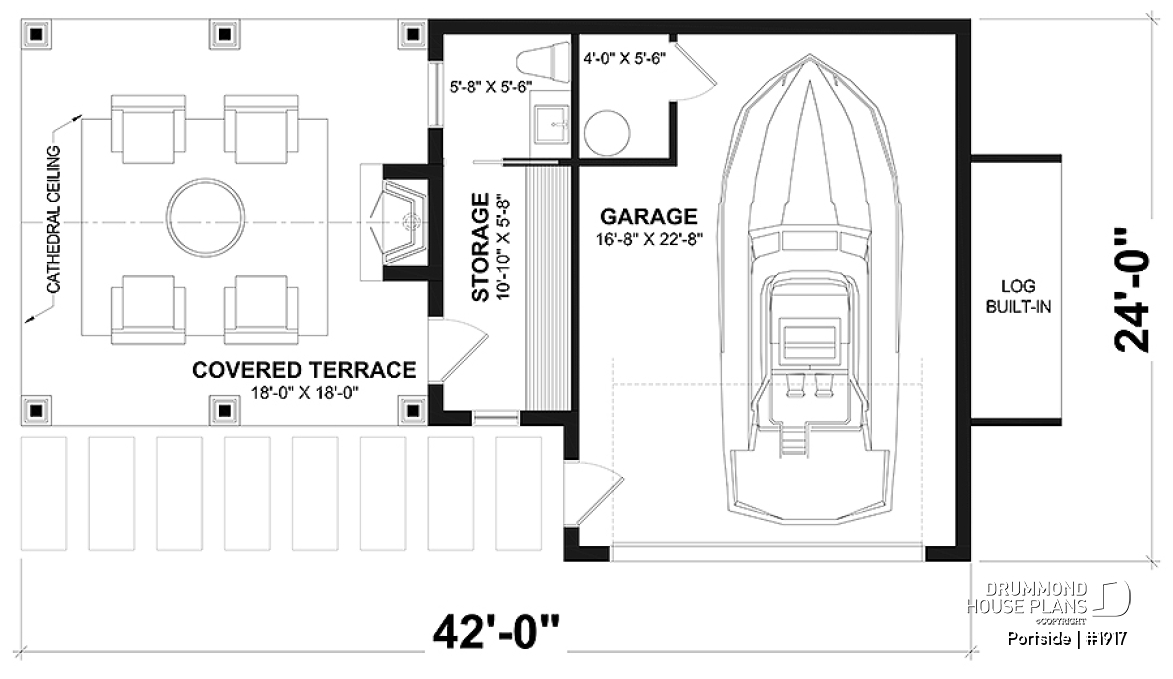 1st level - Plan for garage, boat, small motorhome or car offering a sheltered terrace w/fireplace, a half bath &amp; storage - Portside
