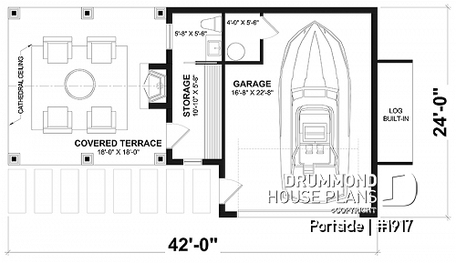 1st level - Plan for garage, boat, small motorhome or car offering a sheltered terrace w/fireplace, a half bath & storage - Portside