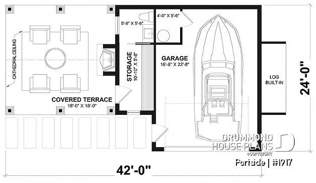 1st level - Plan for garage, boat, small motorhome or car offering a sheltered terrace w/fireplace, a half bath & storage - Portside