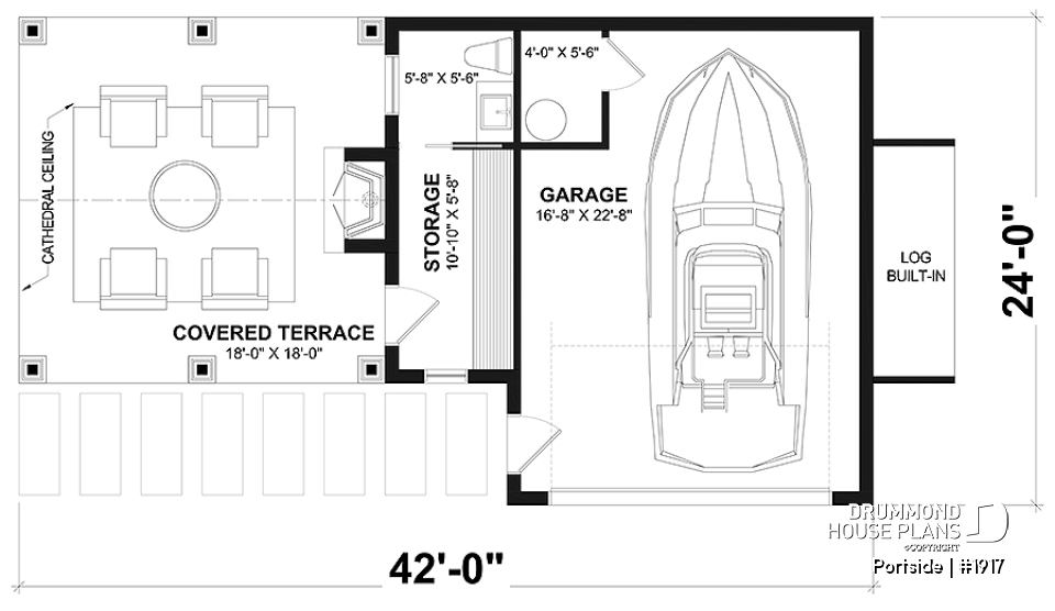 1st level - Plan for garage, boat, small motorhome or car offering a sheltered terrace w/fireplace, a half bath &amp; storage - Portside