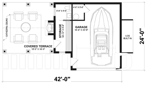 1st level - Plan for garage, boat, small motorhome or car offering a sheltered terrace w/fireplace, a half bath & storage - Portside