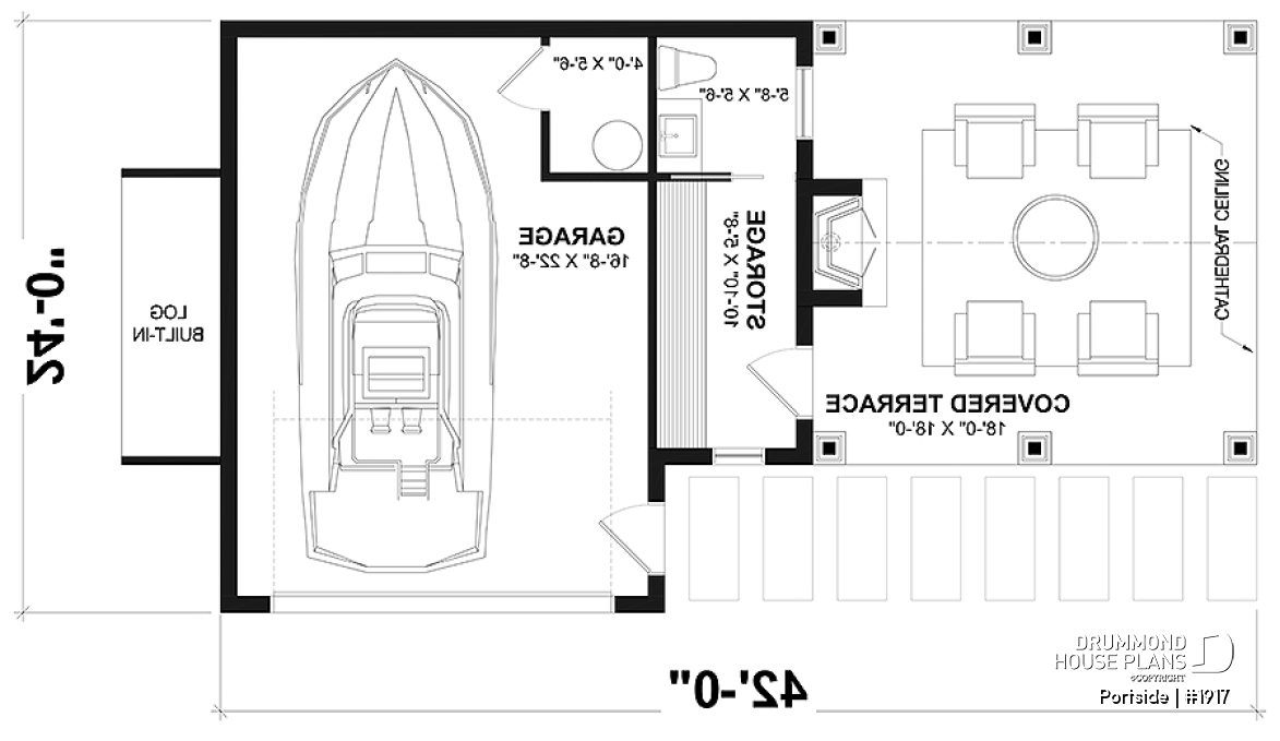 1st level - Plan for garage, boat, small motorhome or car offering a sheltered terrace w/fireplace, a half bath &amp; storage - Portside