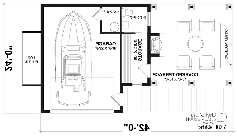 1st level - Plan for garage, boat, small motorhome or car offering a sheltered terrace w/fireplace, a half bath &amp; storage - Portside
