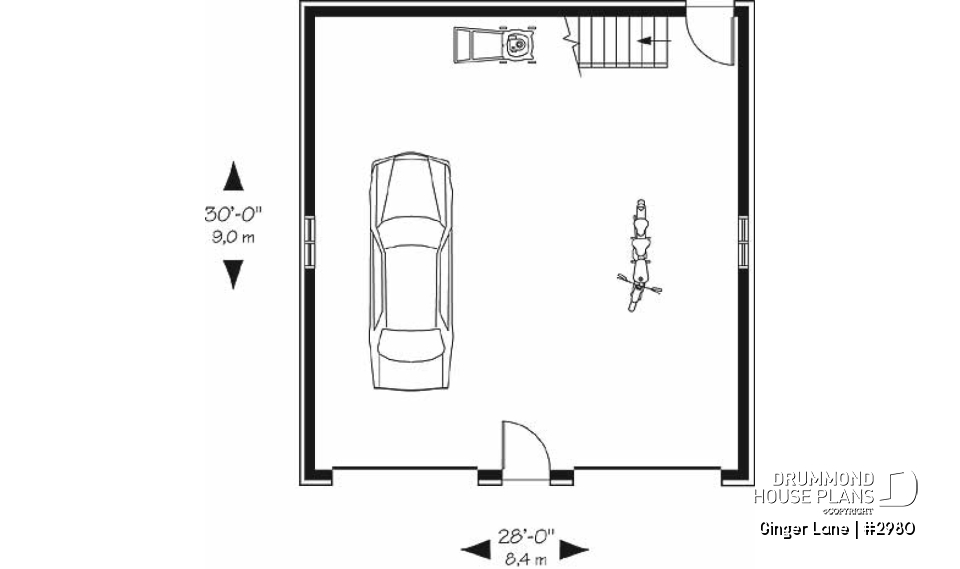 1st level - Double garage plan with large space (on second floor) for an office or storage - Ginger Lane