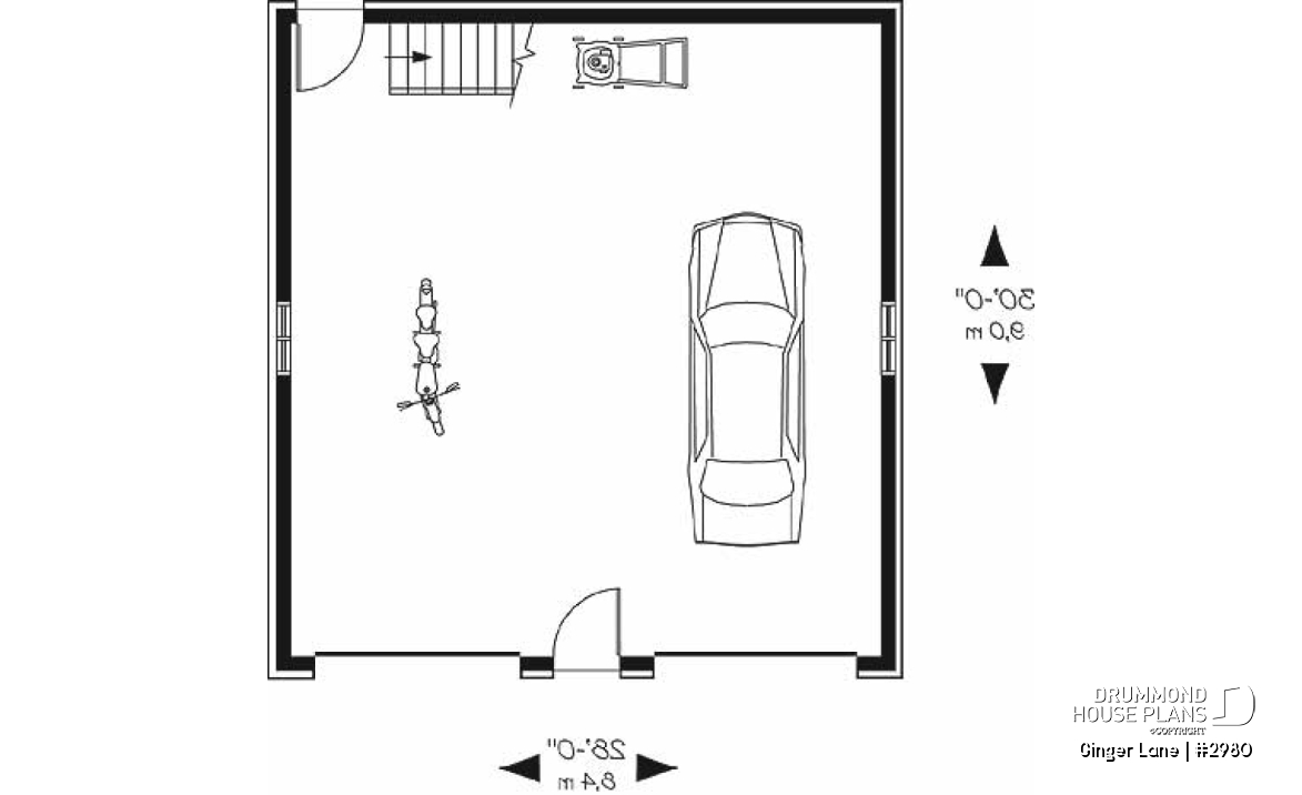 1st level - Double garage plan with large space (on second floor) for an office or storage - Ginger Lane