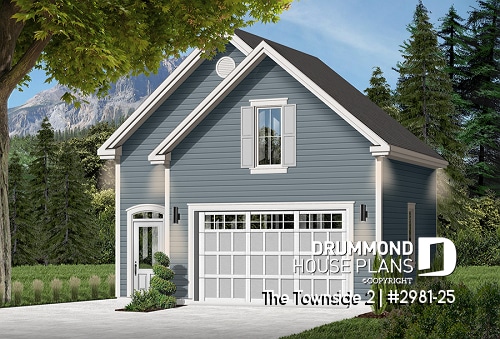 front - BASE MODEL - Large one-car garage plan with storage room above. - The Townside 2