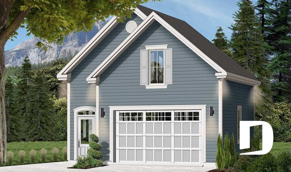 front - BASE MODEL - Large one-car garage plan with storage room above. - The Townside 2