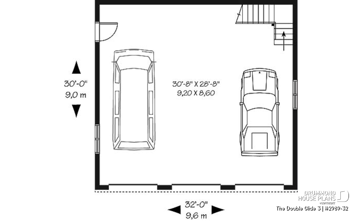 1st level - Three-car garage plan with large unfinished bonus space in the attic - The Double Glide 3