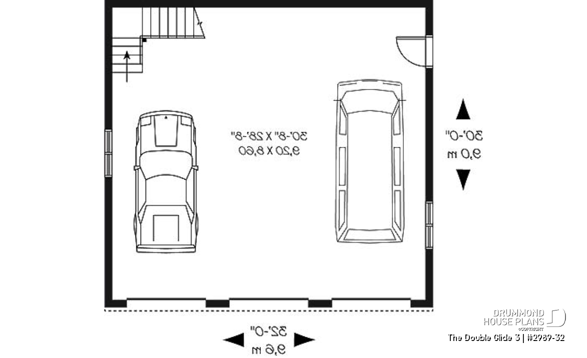 1st level - Three-car garage plan with large unfinished bonus space in the attic - The Double Glide 3