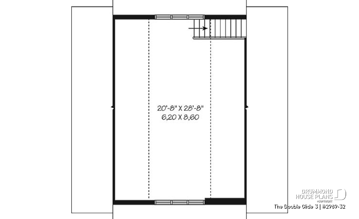 2nd level - Three-car garage plan with large unfinished bonus space in the attic - The Double Glide 3