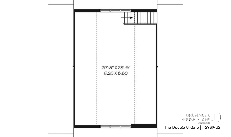 2nd level - Three-car garage plan with large unfinished bonus space in the attic - The Double Glide 3