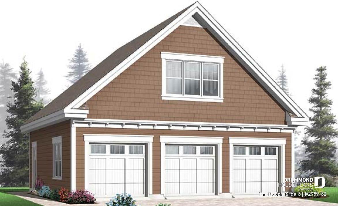 front - BASE MODEL - Three-car garage plan with large unfinished bonus space in the attic - The Double Glide 3