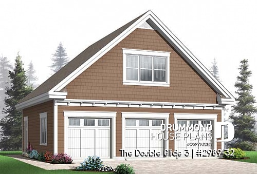 front - BASE MODEL - Three-car garage plan with large unfinished bonus space in the attic - The Double Glide 3