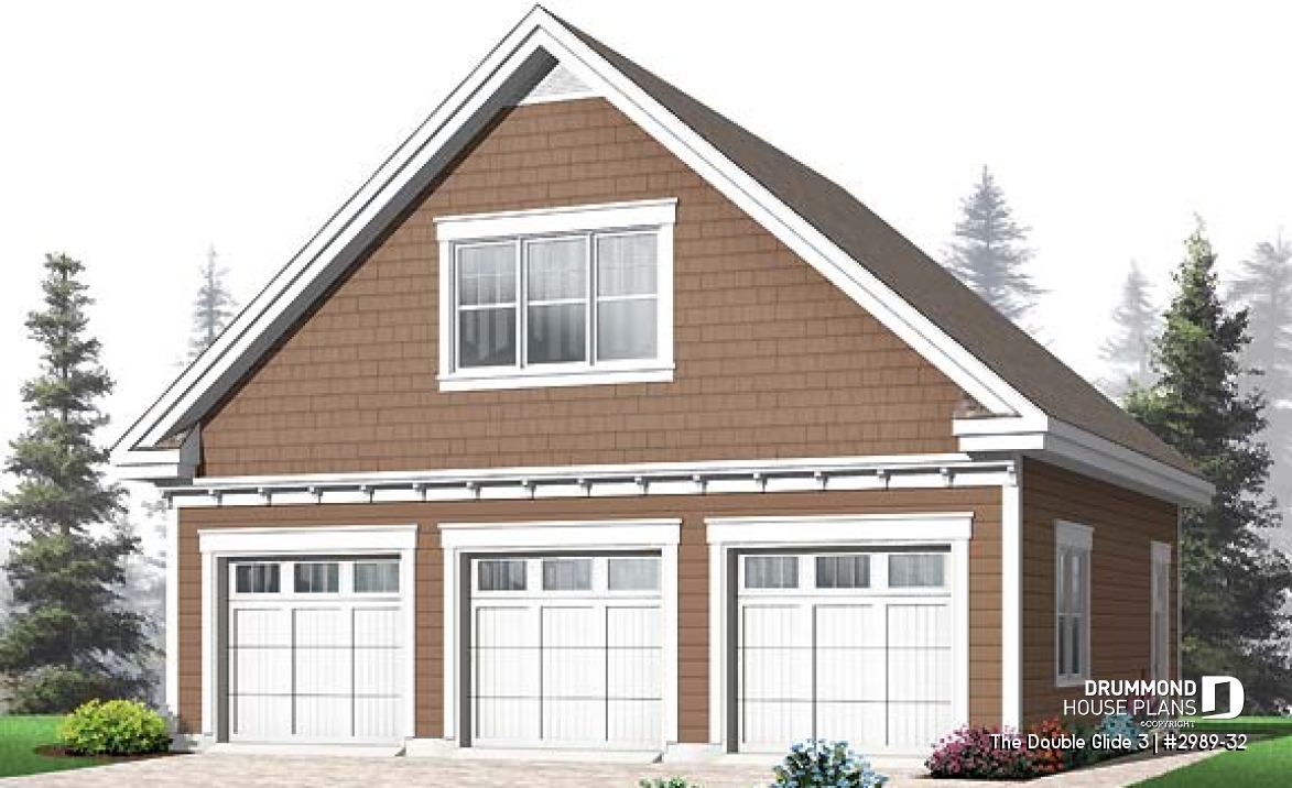 front - BASE MODEL - Three-car garage plan with large unfinished bonus space in the attic - The Double Glide 3
