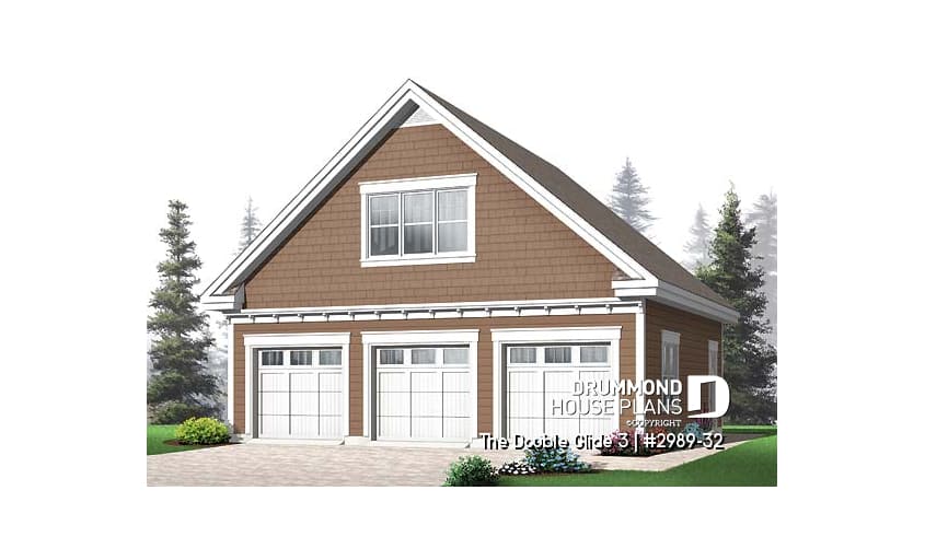 front - BASE MODEL - Three-car garage plan with large unfinished bonus space in the attic - The Double Glide 3