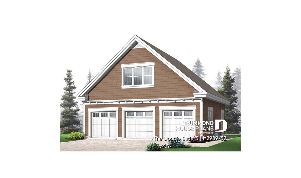 front - BASE MODEL - Three-car garage plan with large unfinished bonus space in the attic - The Double Glide 3