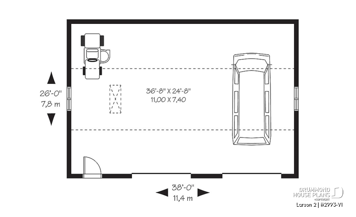 1st level - American two-car garage plan with large bonus storage in attic - Larson 2
