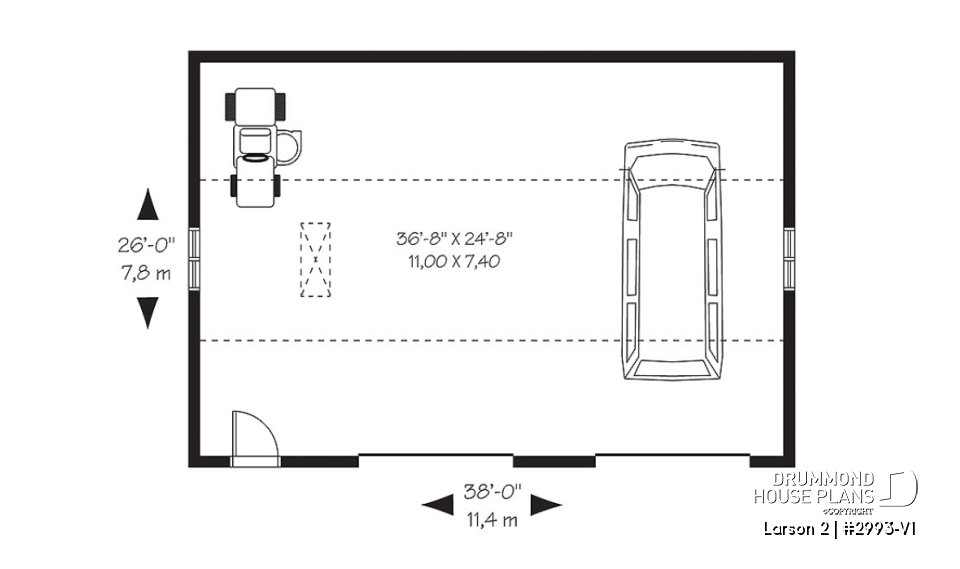 1st level - American two-car garage plan with large bonus storage in attic - Larson 2