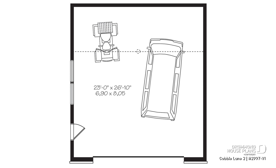1st level - 2-car garage plan, Contemporary/Zen with large window, and mezzanine for storage - Cobble Lane 2