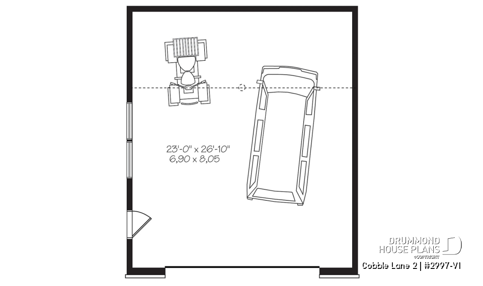 1st level - 2-car garage plan, Contemporary/Zen with large window, and mezzanine for storage - Cobble Lane 2