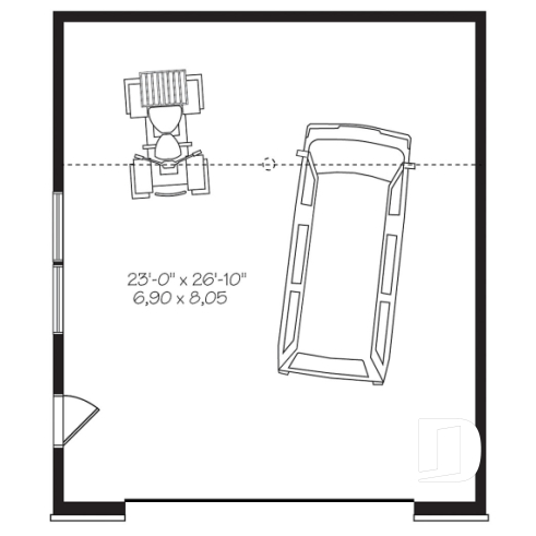 1st level - 2-car garage plan, Contemporary/Zen with large window, and mezzanine for storage - Cobble Lane 2