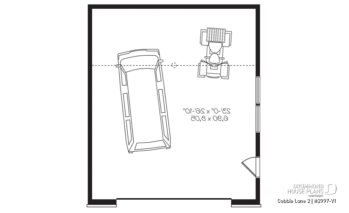 1st level - 2-car garage plan, Contemporary/Zen with large window, and mezzanine for storage - Cobble Lane 2