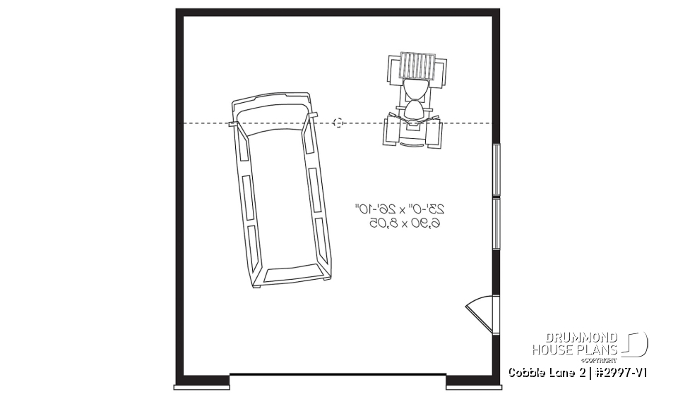 1st level - 2-car garage plan, Contemporary/Zen with large window, and mezzanine for storage - Cobble Lane 2