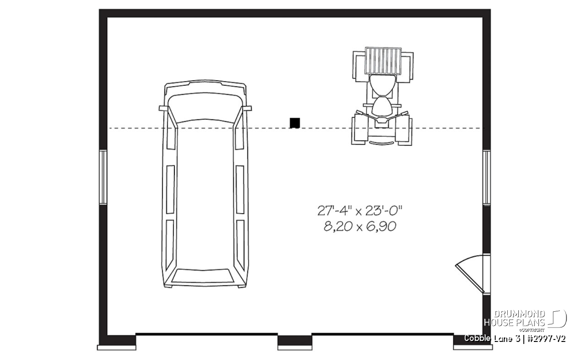 1st level - Contemporary style 2-car garage plan, storage space on a mezzanine - Cobble Lane 3