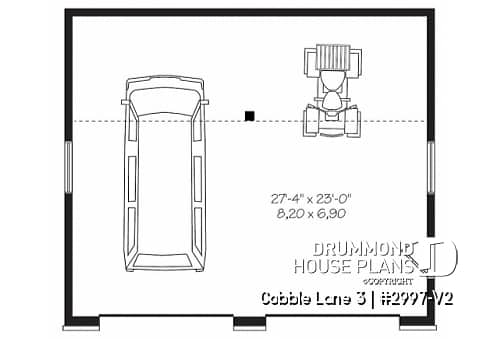 1st level - Contemporary style 2-car garage plan, storage space on a mezzanine - Cobble Lane 3
