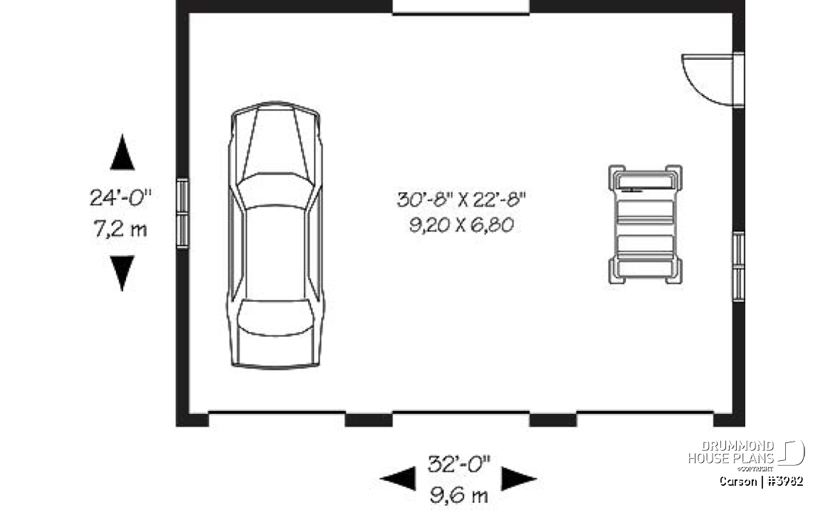 1st level - Simple 3-car garage plan, with garage doors at the front and the back - Carson
