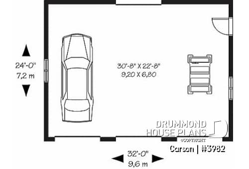 1st level - Simple 3-car garage plan, with garage doors at the front and the back - Carson