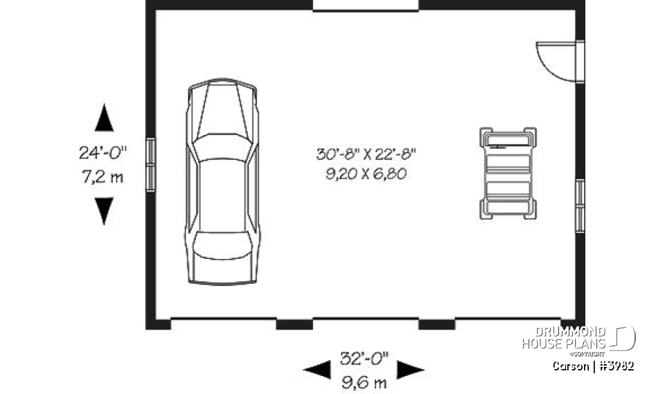 1st level - Simple 3-car garage plan, with garage doors at the front and the back - Carson