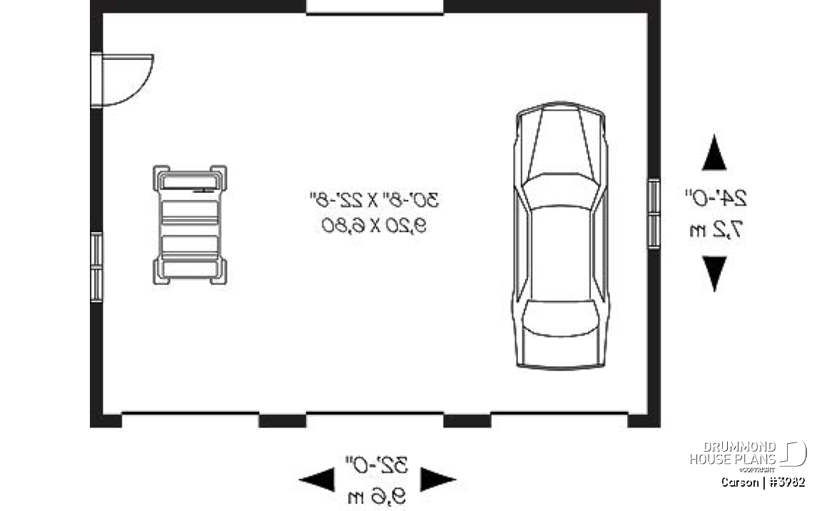 1st level - Simple 3-car garage plan, with garage doors at the front and the back - Carson