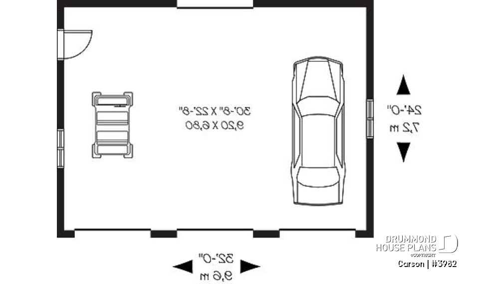 1st level - Simple 3-car garage plan, with garage doors at the front and the back - Carson