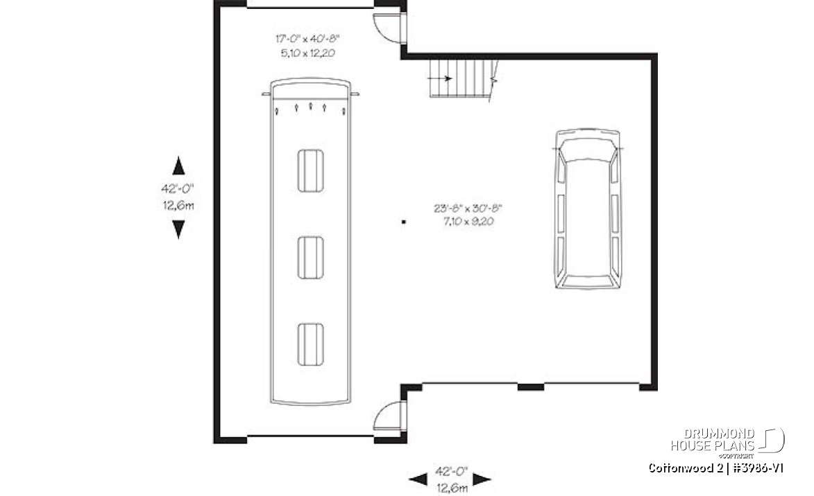 1st level - RV garage plan with 2-car garage, or three-car garage plan, with bonus room on second floor - Cottonwood 2