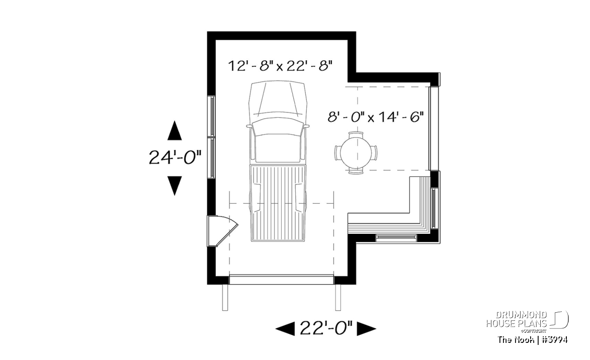 1st level - One-car detached garage with entertaining area, front and side garage doors, man cave garage plan - The Nook