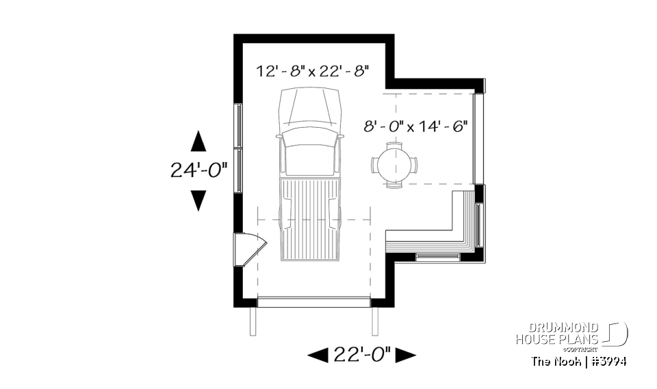1st level - One-car detached garage with entertaining area, front and side garage doors, man cave garage plan - The Nook
