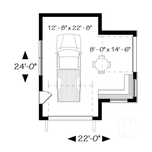 1st level - One-car detached garage with entertaining area, front and side garage doors, man cave garage plan - The Nook