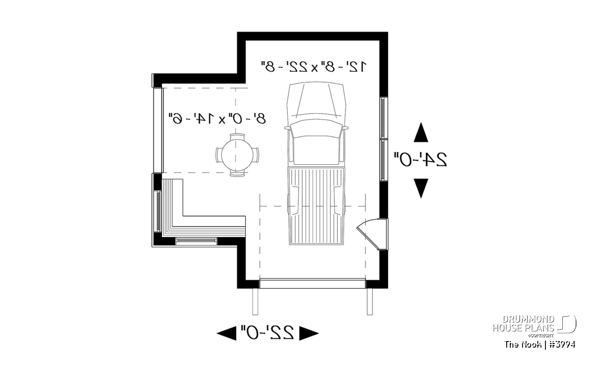 1st level - One-car detached garage with entertaining area, front and side garage doors, man cave garage plan - The Nook